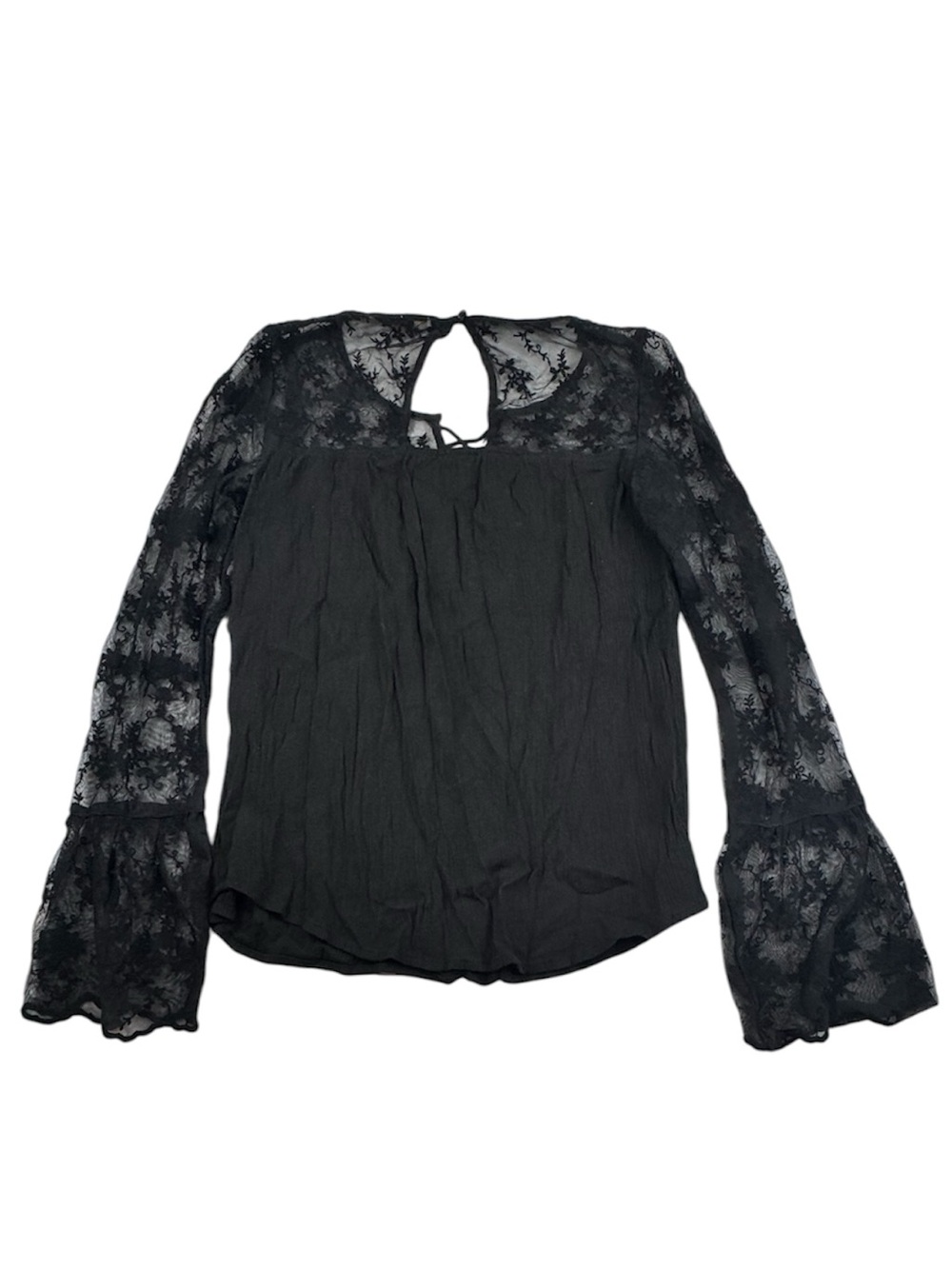 Hollister Blouse Women’s XS Black Floral Lace Boho Flattering Fit Bell Sleeve